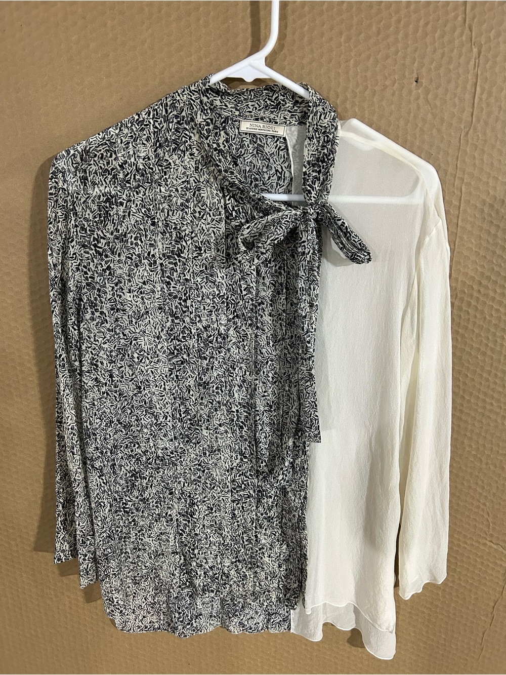Nina Ricci Black & White Mixed-Print Tie-Neck Blouse